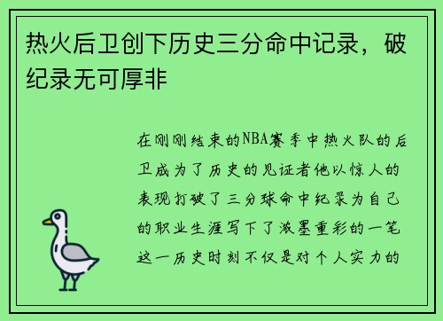 热火后卫创下历史三分命中记录，破纪录无可厚非